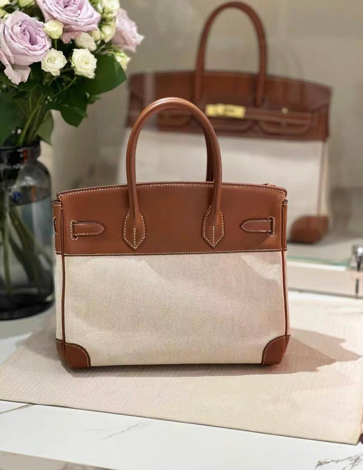 Hermès Birkin 30 Toile H and Brown Swift Palladium Hardware