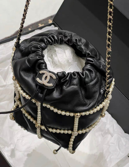 CHANEL 2021 BUCKET CRYSTAL CC LOGO PEARL CHAIN BAG LAMBSKIN BLACK