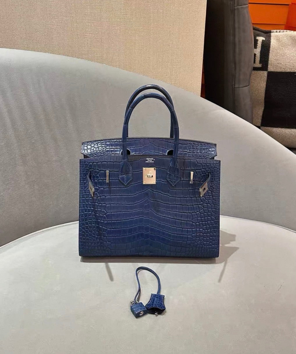 Hermes Birkin 30 Sellier Blue Indigo Matter Crocodile Leather Palladium Hardware