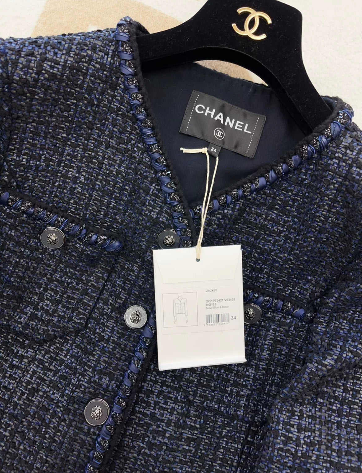 Chanel 22P Navy Blue & Black Tweed Jacket size 34