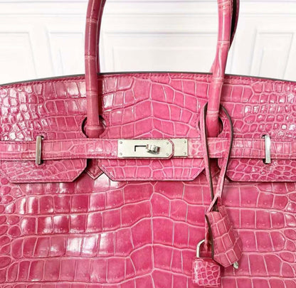 Hermes Birkin 35 Rose Pourpre Shiny Porosus Crocodile Palladium Hardware