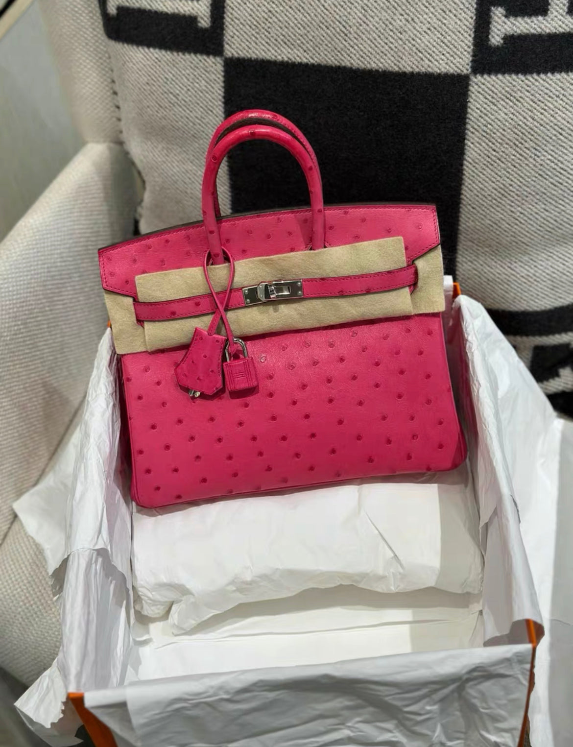 Hermes Birkin bag 25 Fuschia pink　Ostrich leather Palladium hardware