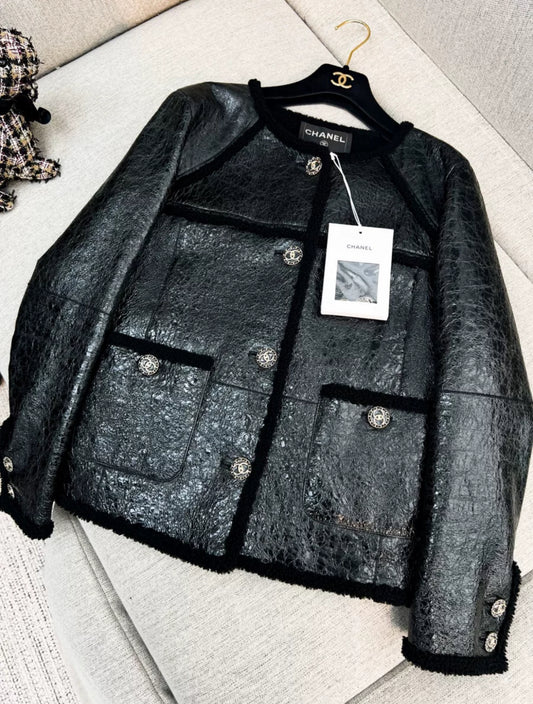 Chanel 18K Black Shearling Lambskin Jacket