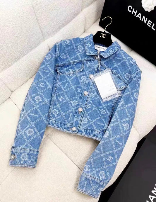 Chanel 23A Blue Jeans Denim Jacket CC Logo camellia Flower Print Size 38