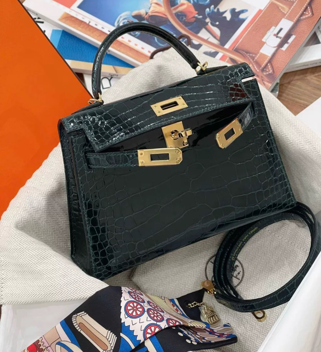 Hermes Mini Kelly Dark Green Shiny Crocodile with Gold Hardware