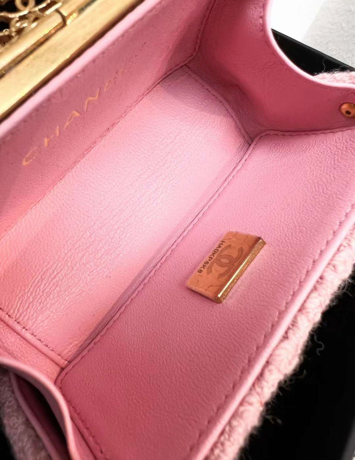 CHANEL Metal Tweed Logo CC Minaudiere Flap Bag Pink Gold – Wararni.com