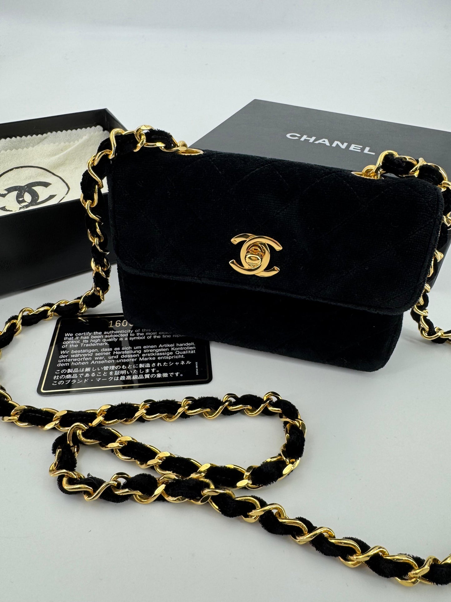 Chanel vintage Black velvet mini square flap bag with gold hardware