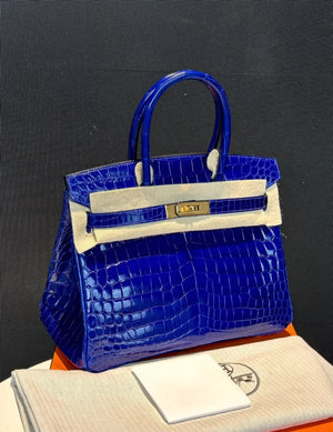 Hermes Birkin30 Electric Blue Shiny Crocodile Leather Gold Hardware