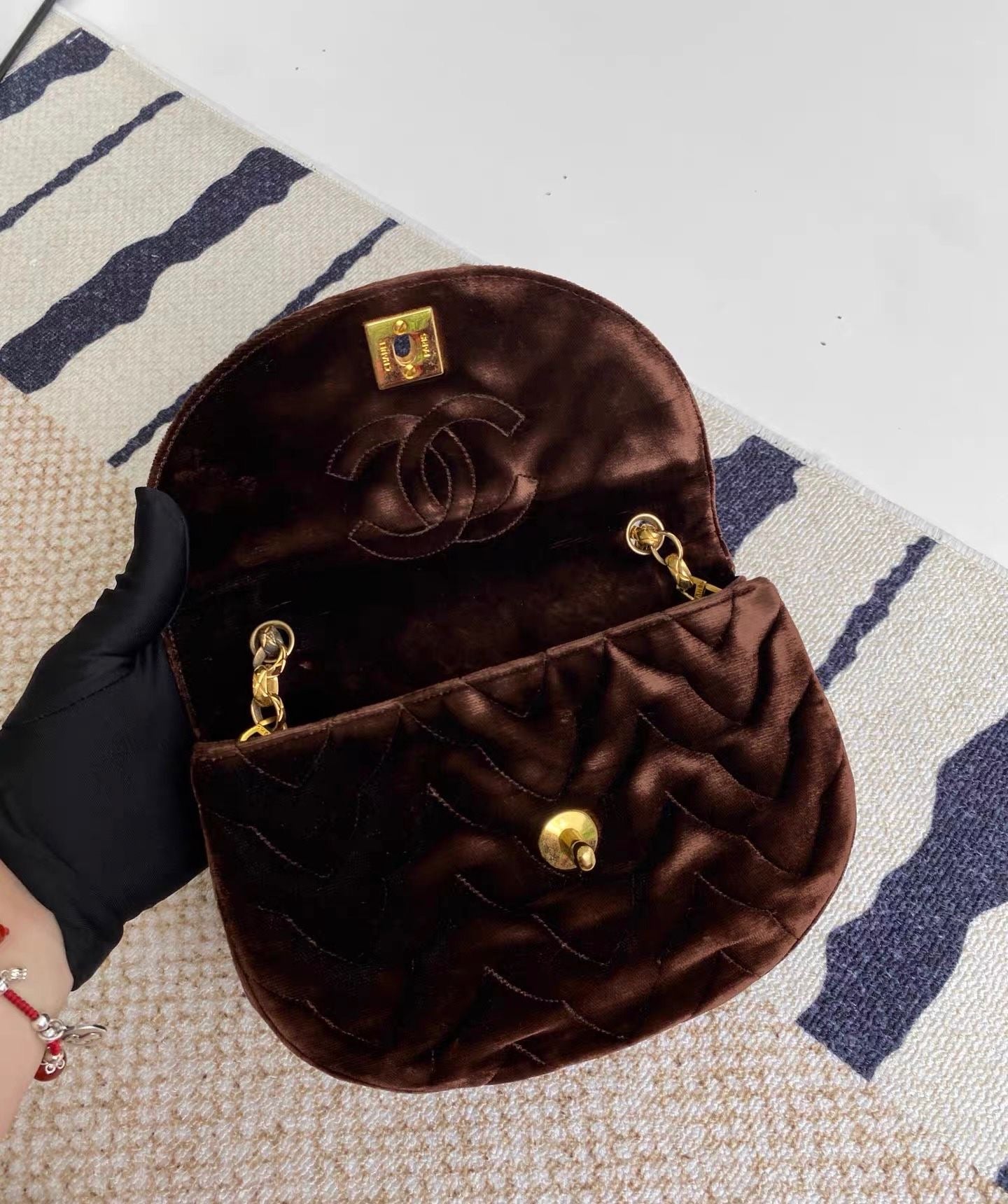 Chanel Vintage Flap Bag in Brow Velvet and Gold Hardware