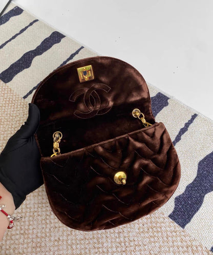Chanel Vintage Flap Bag in Brow Velvet and Gold Hardware