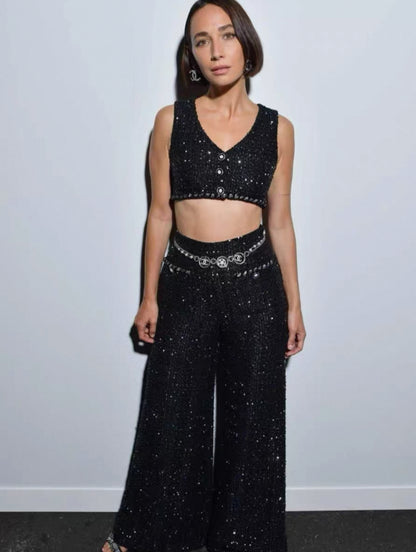 Chanel 22P Sequinned Wide-Leg Pants F36
