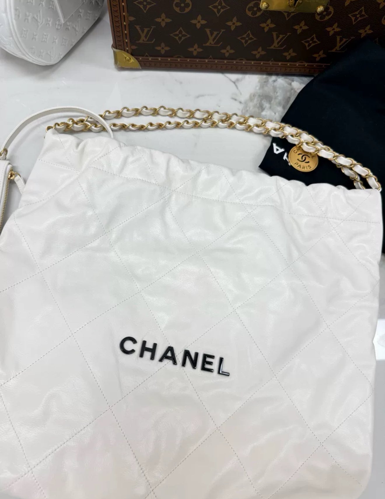 Chanel 22 Hobo Bag White Leather Gold Hardware