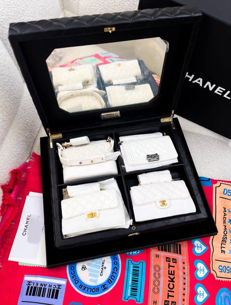 Limited Edition Chanel Set Of 4 white Mini Bags with Quilted Trunk