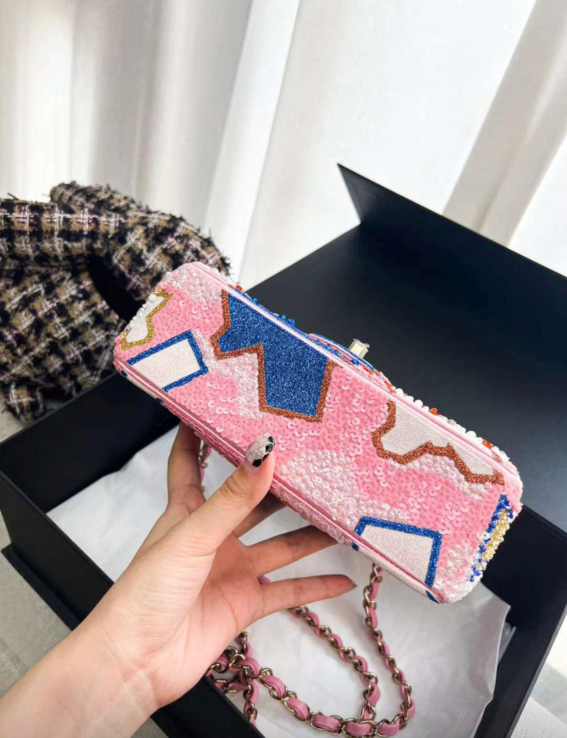 Chanel 23A limited edition sequin mini flap bag pink/blue/white