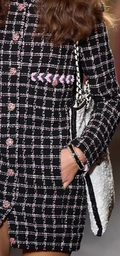 Chanel 24S black and pink tweed hooded long coat