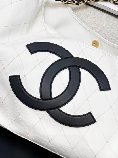 Chanel 26M black and white denim tote bag with double C logo