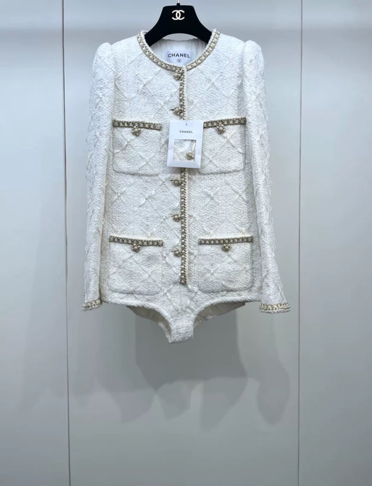 Rare Chanel 21A Ecru Gold chain bodysuit jacket