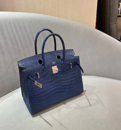 Hermes Birkin 30 Sellier Blue Indigo Matter Crocodile Leather Palladium Hardware