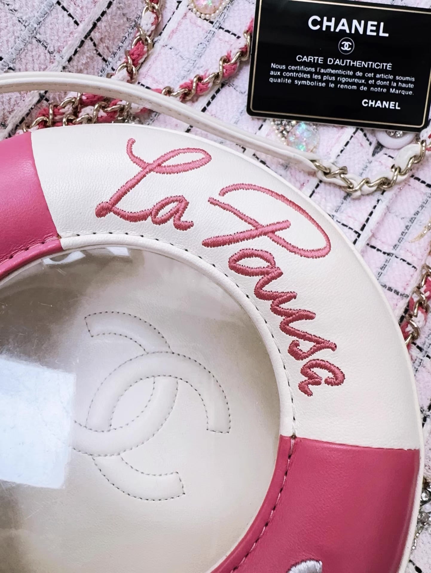 Chanel 19C Pink/White Lambskin Leather Coco Lifesaver Small Round Bag