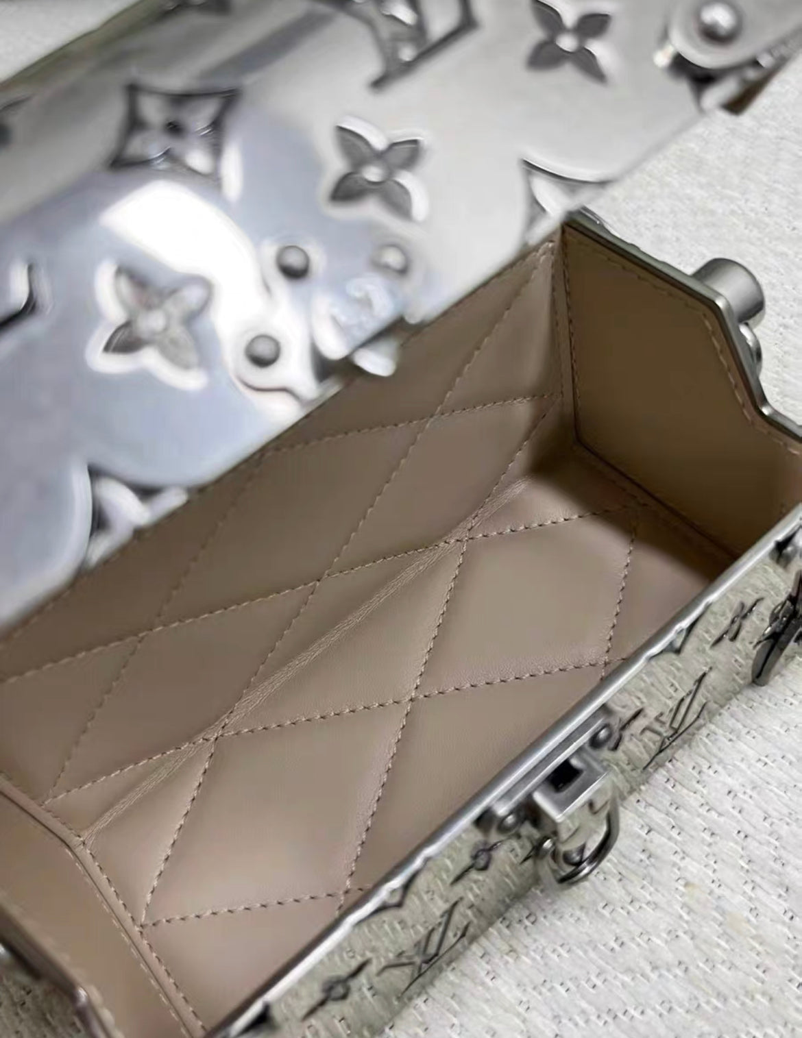 Louis Vuitton Silver Monogram Metal Mini Treasure Trunk, 2022 available brand new full set