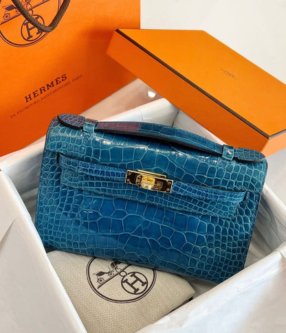 Hermes Kelly Pochette Blue Colvert shiny crocodile leather gold hardware