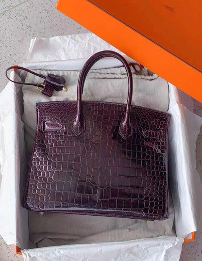 Hermes Birkin 30 Amethyst Shiny Crocodile Alligator Gold Hardware Handbag