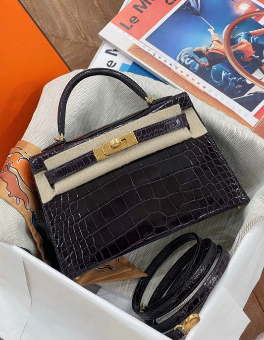 Hermes Mini Kelly Aubergine Niloticus Crocodile with Gold Hardware