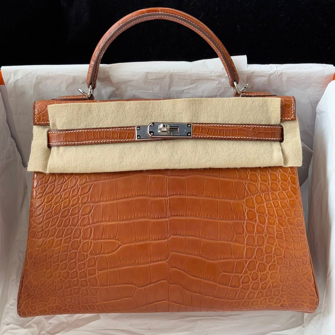 Hermes Kelly 32 Matte Crocodile Fauve Barenia Leather palladium hardware