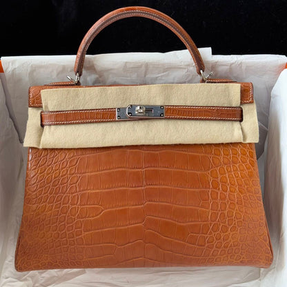 Hermes Kelly 32 Matte Crocodile Fauve Barenia Leather palladium hardware