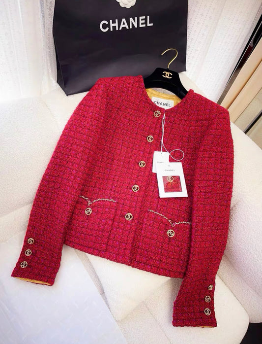 Chanel 23B Red, Burgundy Tweed jacket size 36