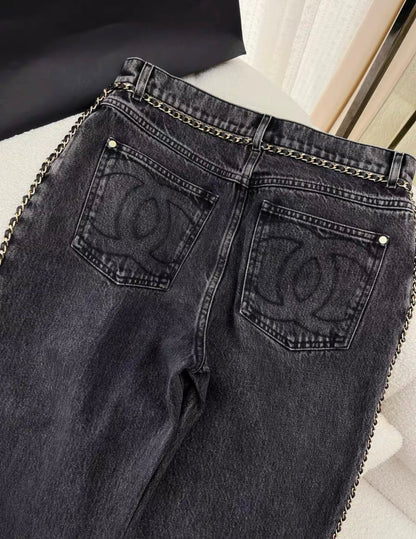 Chanel 23N Coco Neige black chain denim in size 38