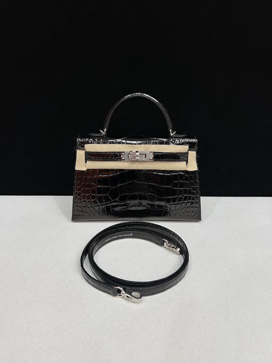Hermes mini kelly black Shiny Leather Palladium Hardware