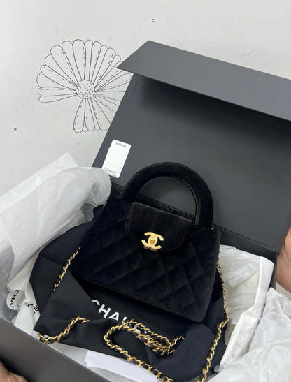 24A CHANEL KELLY Black VELVET Top Handle Shopping Bag Handbag Gold