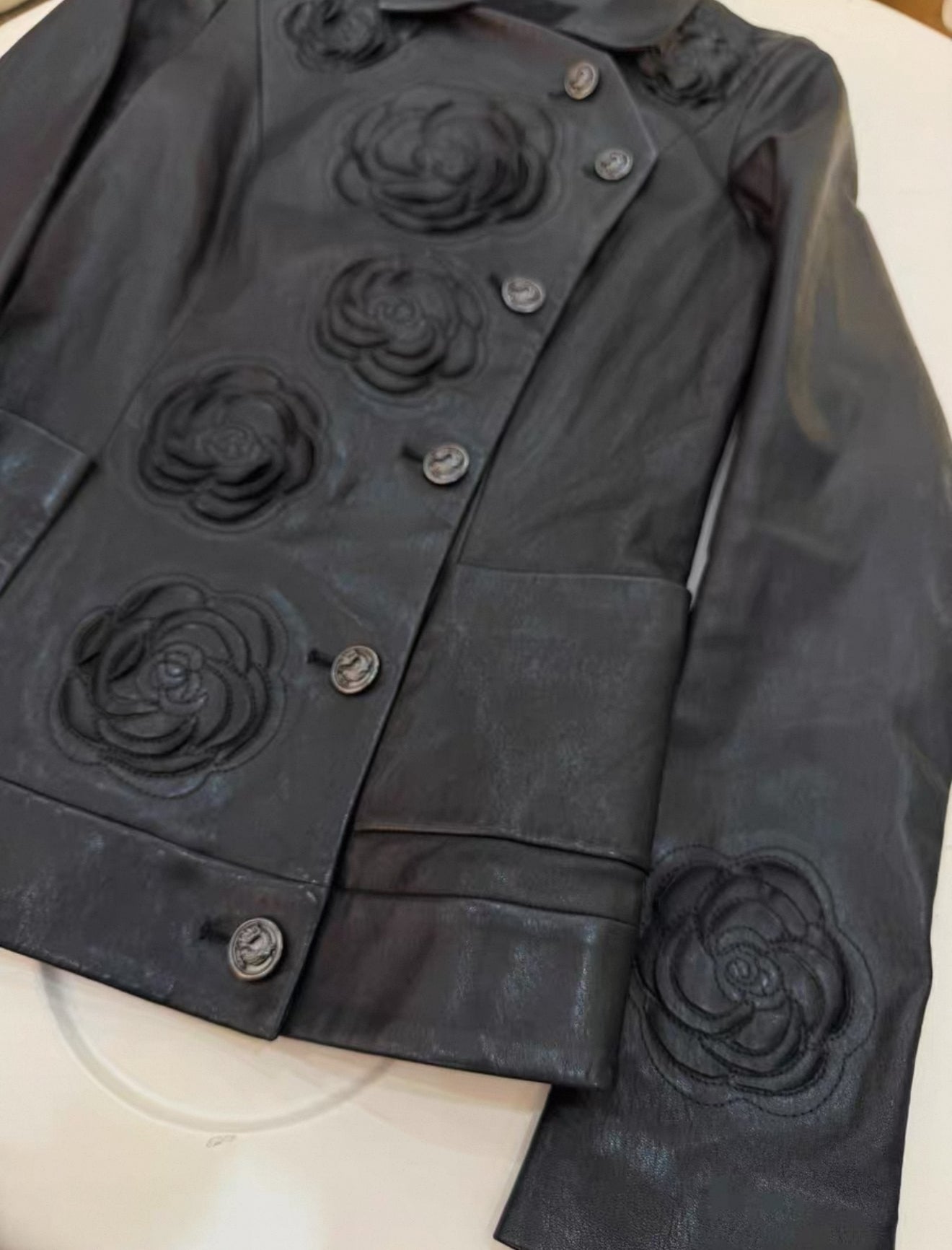 Chanel 10A black Camelia Lambskin  Leather jacket