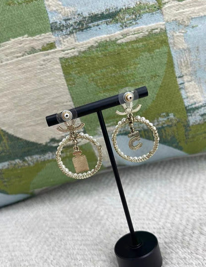 Chanel No.5 Perfume Rhinestone CC Pearl Circle Hanging Earrings