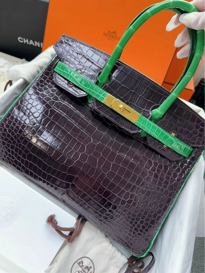 Hermes Birkin 30 Amethyst/Green Alligator Gold Hardware