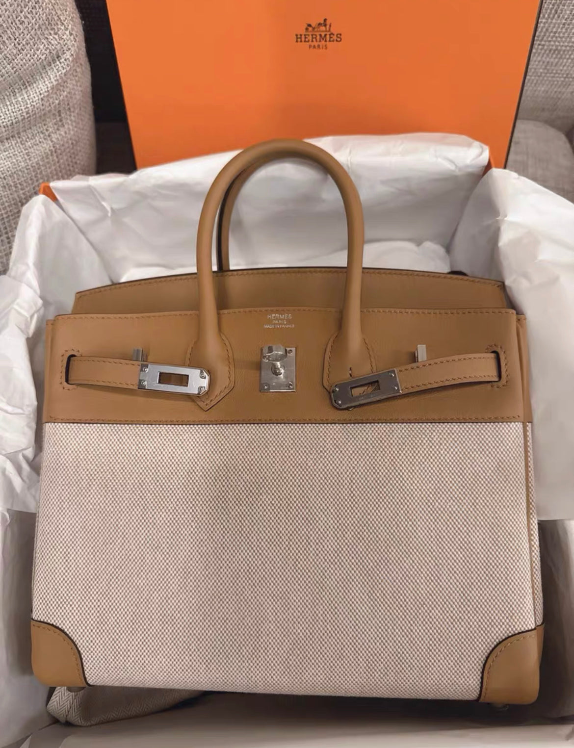 HERMÈS 25CM BIRKIN BISCUIT TOILE/SWIFT LEATHER PALLADIUM HARDWARE