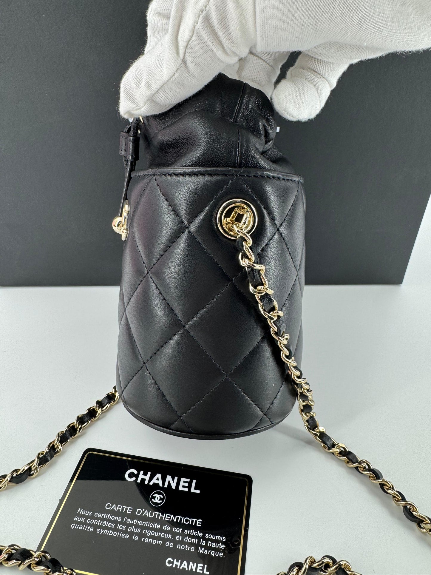 Chanel Black leather mini bucket bag silver hardware