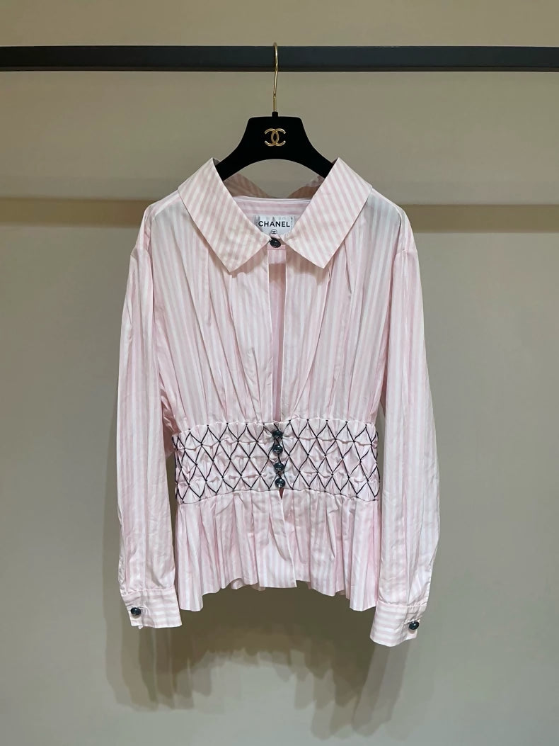 Chanel 19C Pink Striped Pleated Blouse
