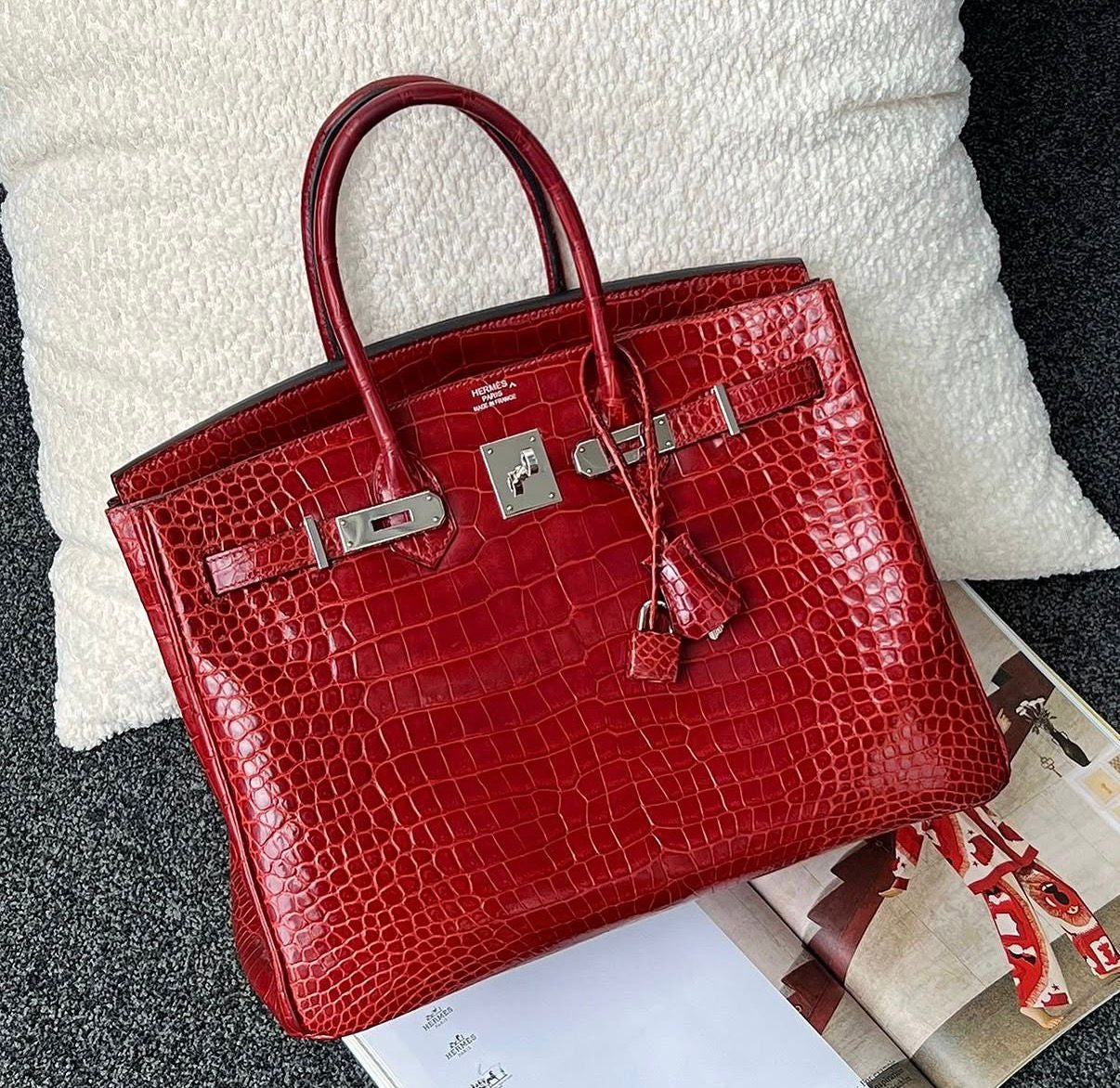Hermes Birkin 35 Retourne Rouge H Shiny Porosus Palladium hardware