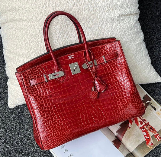 Hermes Birkin 35 Retourne Rouge H Shiny Porosus Palladium hardware