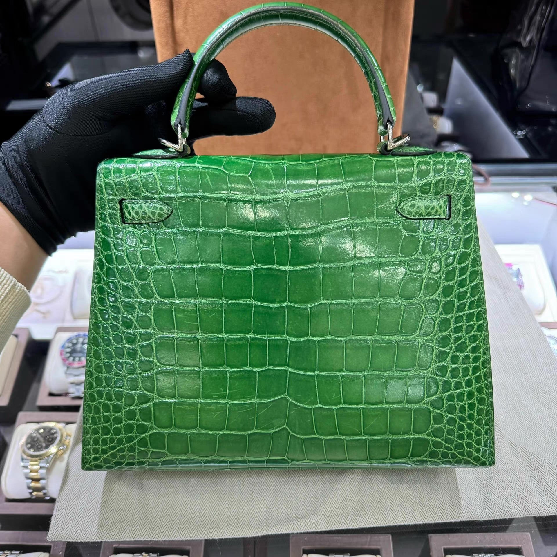 Hermes Kelly 25 Green Bamboo Alligator leather palladium hardware