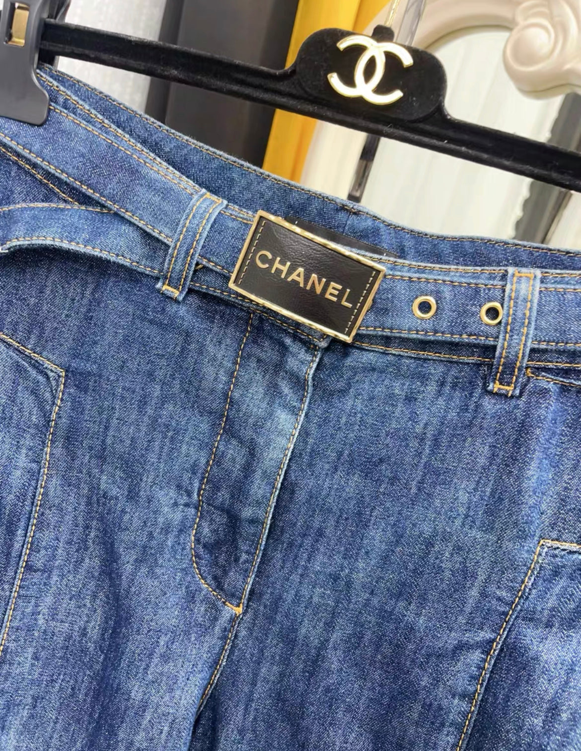 CHANEL 23S WIDE LEG DENIM PANTS WITH BELT size 38