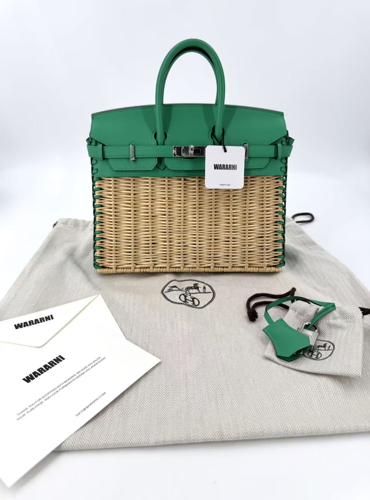 Limited Edition Hermes Birkin 25 Picnic  Menthe Swift and Osier Wicker Palladium Hardware