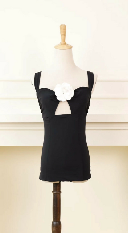 Chanel 1996 Black and White Camellia Top Swimsuit