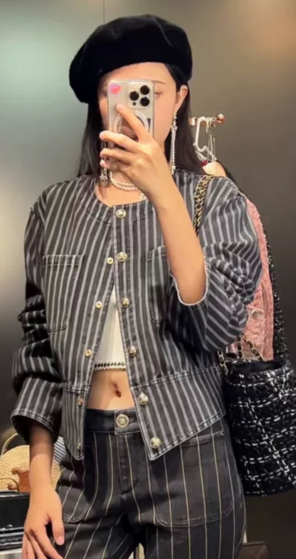 Chanel 20K Blue/Grey Striped Denim Jacket