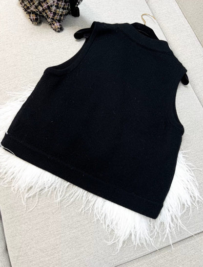 Chanel 23AW Black Cashmere & White Ostrich Feathers Vest