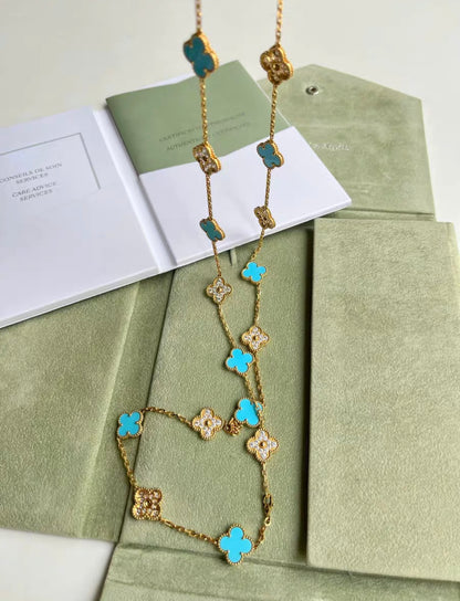 Van Cleef & Arpels Vintage Alhambra Diamond and Turquoise 20 Motif Necklace