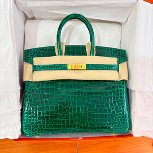 Hermes Birkin 25 Emerald Green Shiny porosus crocodile leather gold hardware
