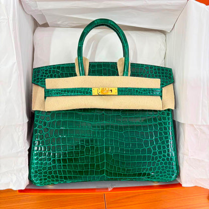 Hermes Birkin 25 Emerald Green Shiny porosus crocodile leather gold hardware